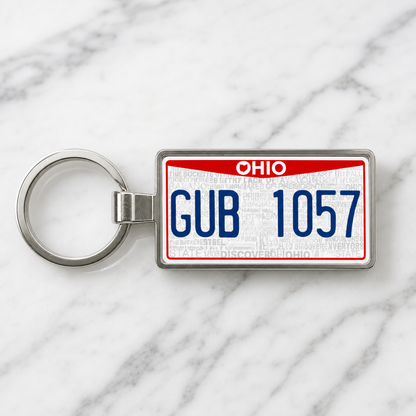Ohio GUB 1057 license plate keychain on_marble
