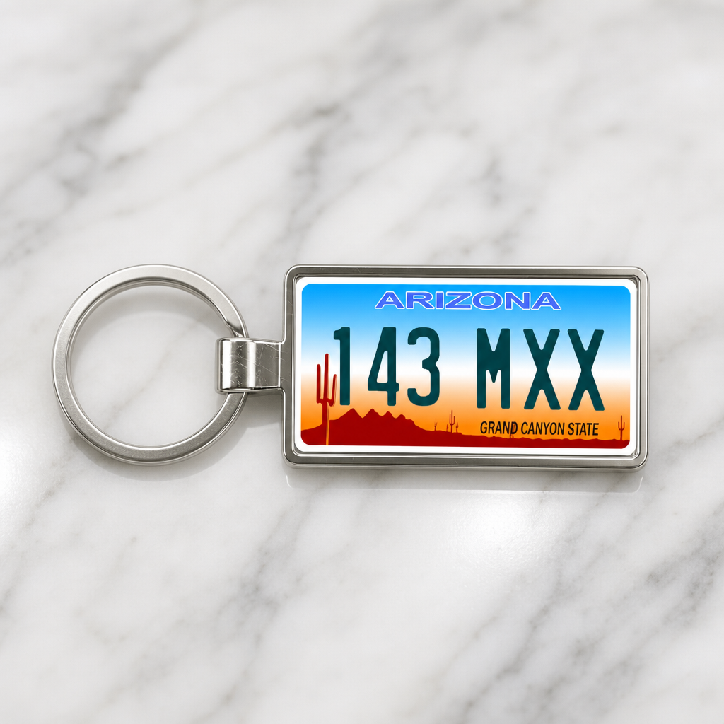 Arizona 143 MXX license plate keychain on_marble