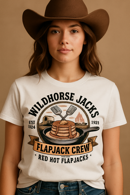 Wildhorse Jack's Flapjack Crew tee — woman in cowboy hat wearing the white vintage flapjack t-shirt