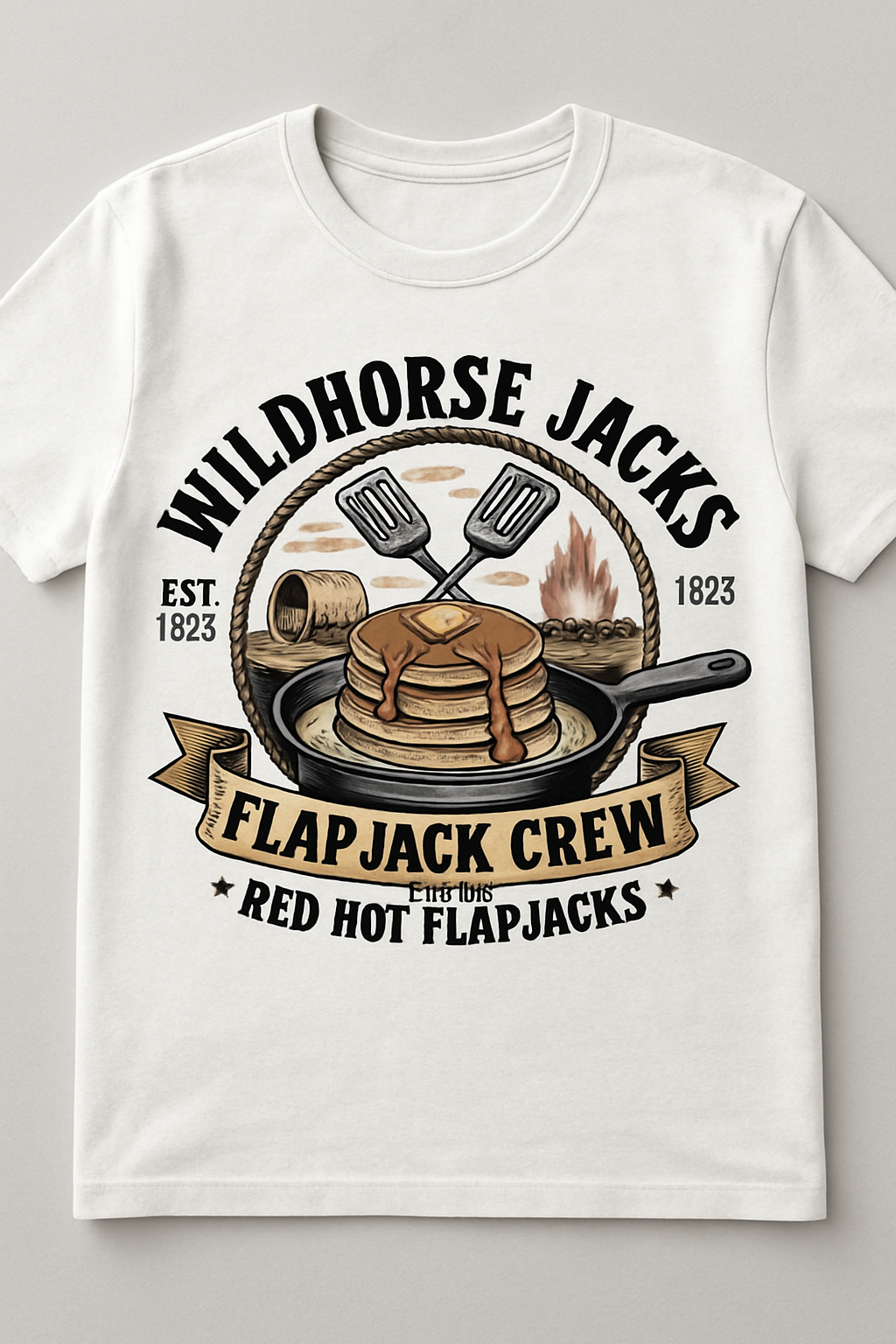 Wildhorse Jack's Flapjack Crew white t-shirt flat lay — vintage pancake breakfast badge print