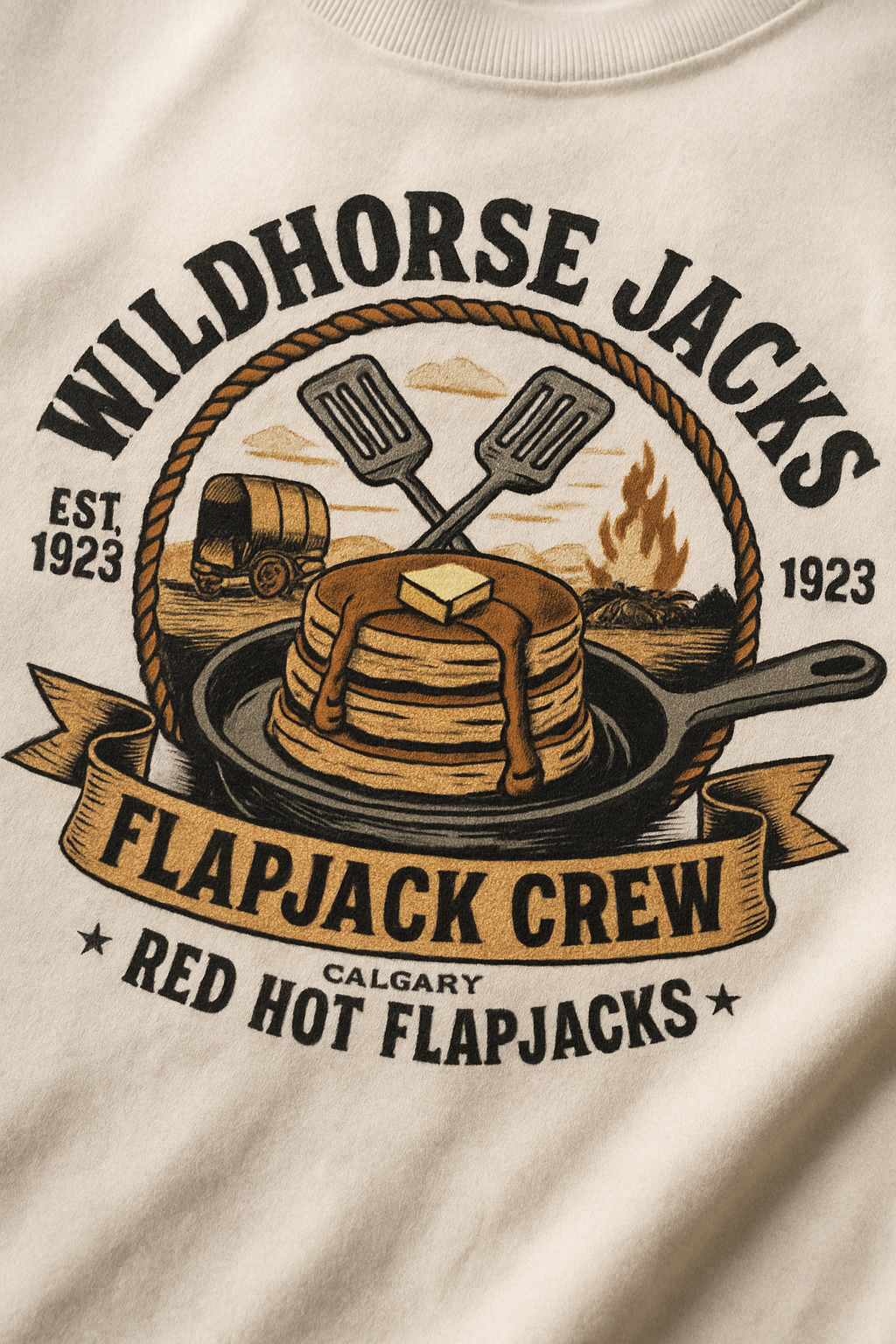 Wildhorse Jack's Flapjack Crew 1923 print close-up — skillet, pancakes, spatulas, chuckwagon on white cotton