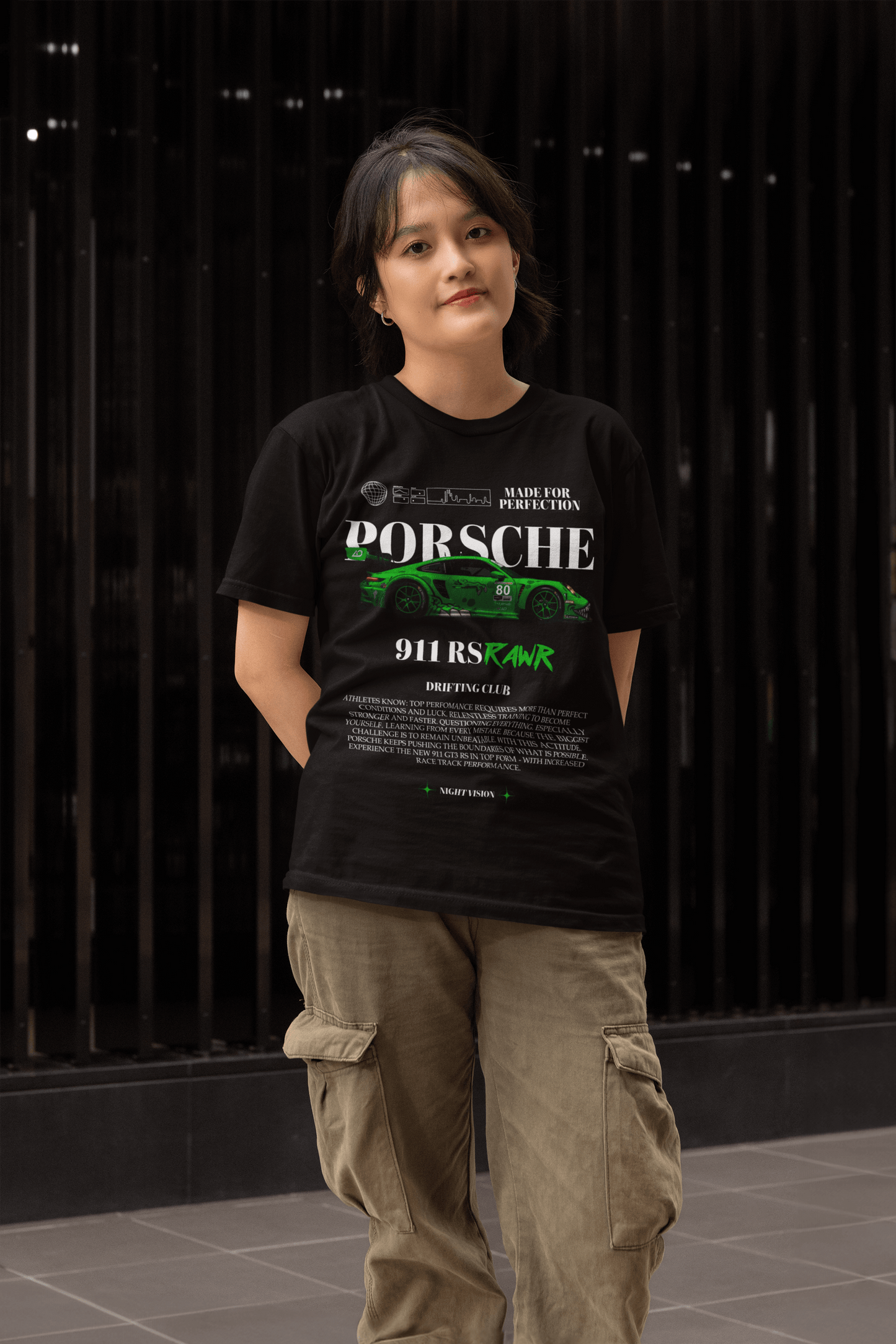 Porsche 911 GT3 RS "RAWR" Graphic T-Shirt — Night Racing Poster