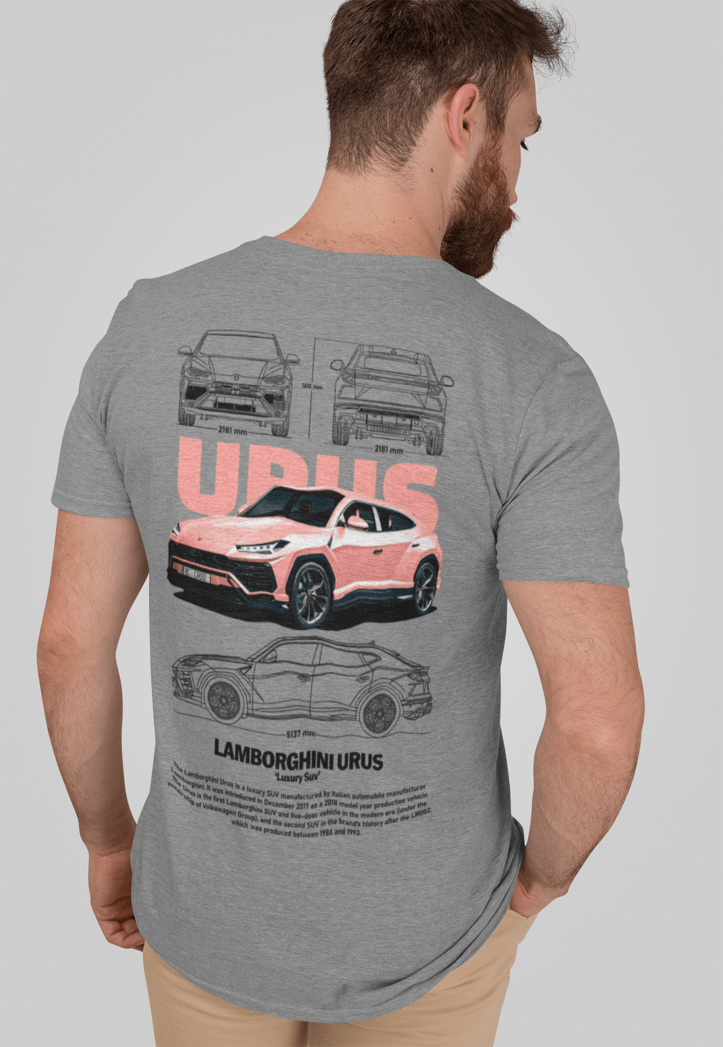 Lamborghini Urus Graphic T-Shirt — Photo & Line Sketch (Coral)