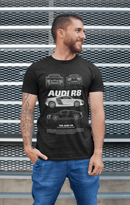 Audi R8 Graphic T‑Shirt — Photo & Blueprint Illustration