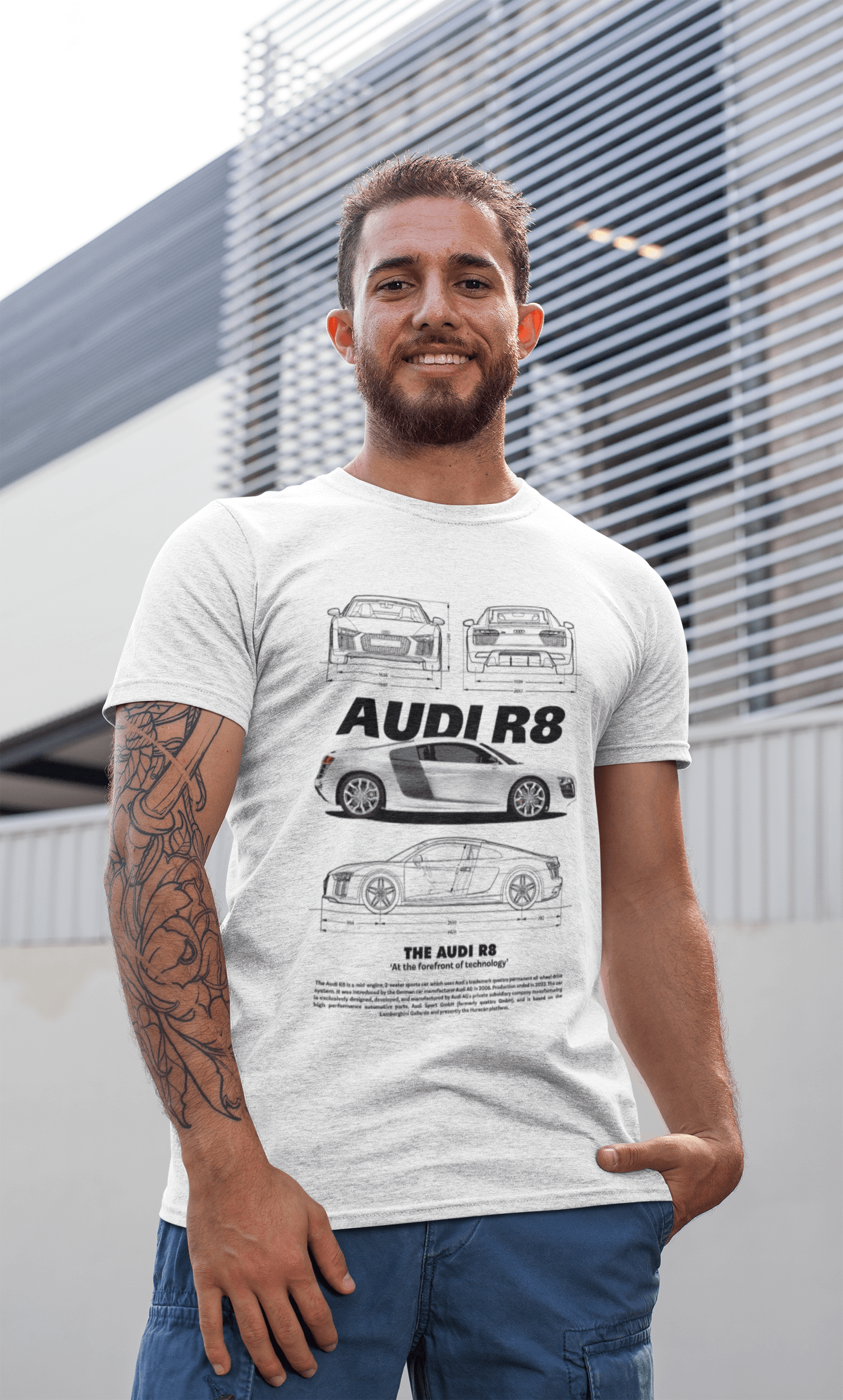 Audi R8 Graphic T‑Shirt — Photo & Blueprint Illustration