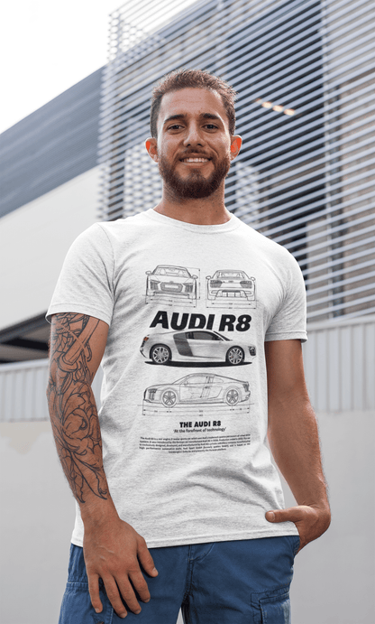 Audi R8 Graphic T‑Shirt — Photo & Blueprint Illustration