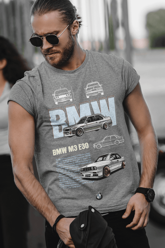 BMW M3 E30 Graphic T‑Shirt — Photo & Line Sketch