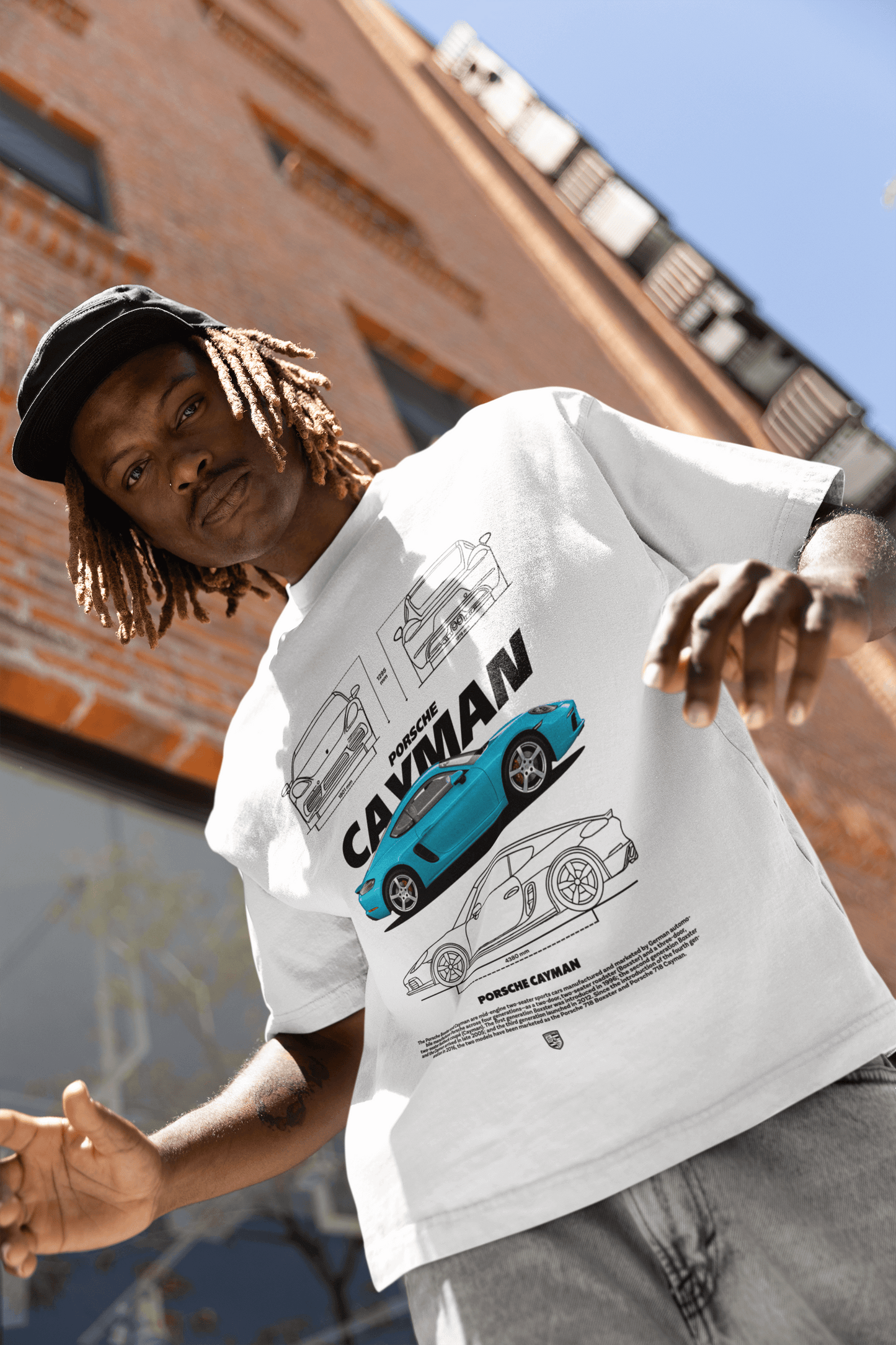 Blue Porsche Cayman Graphic T-Shirt — Blueprint Spec Sheet