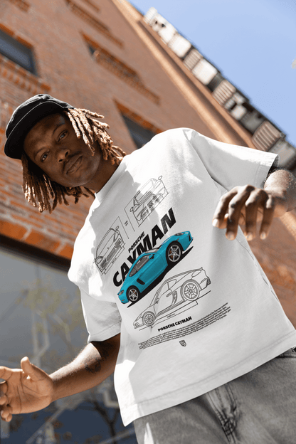 Blue Porsche Cayman Graphic T-Shirt — Blueprint Spec Sheet