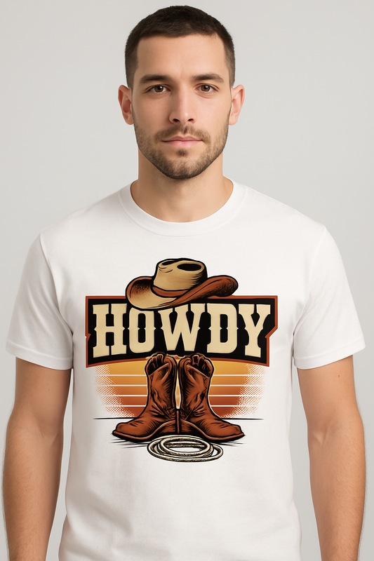 HOWDY vintage western graphic t-shirt — model wearing white tee with cowboy hat, boots and sunset print