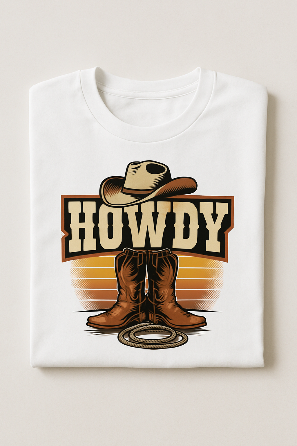 HOWDY western graphic t-shirt — folded white tee flat-lay showing the vintage rodeo print