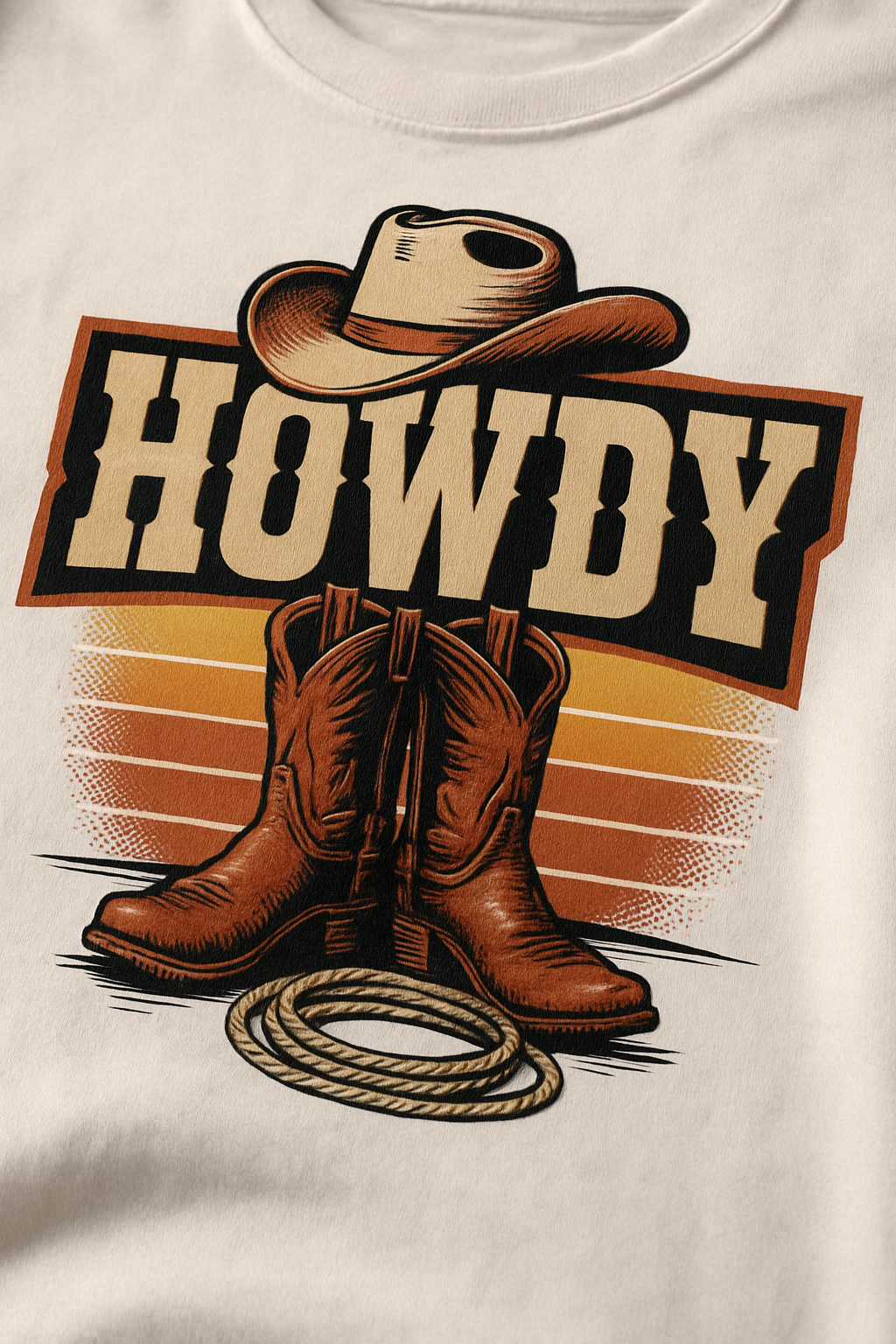HOWDY western print close-up — cowboy hat, boots and lasso on white cotton fabric