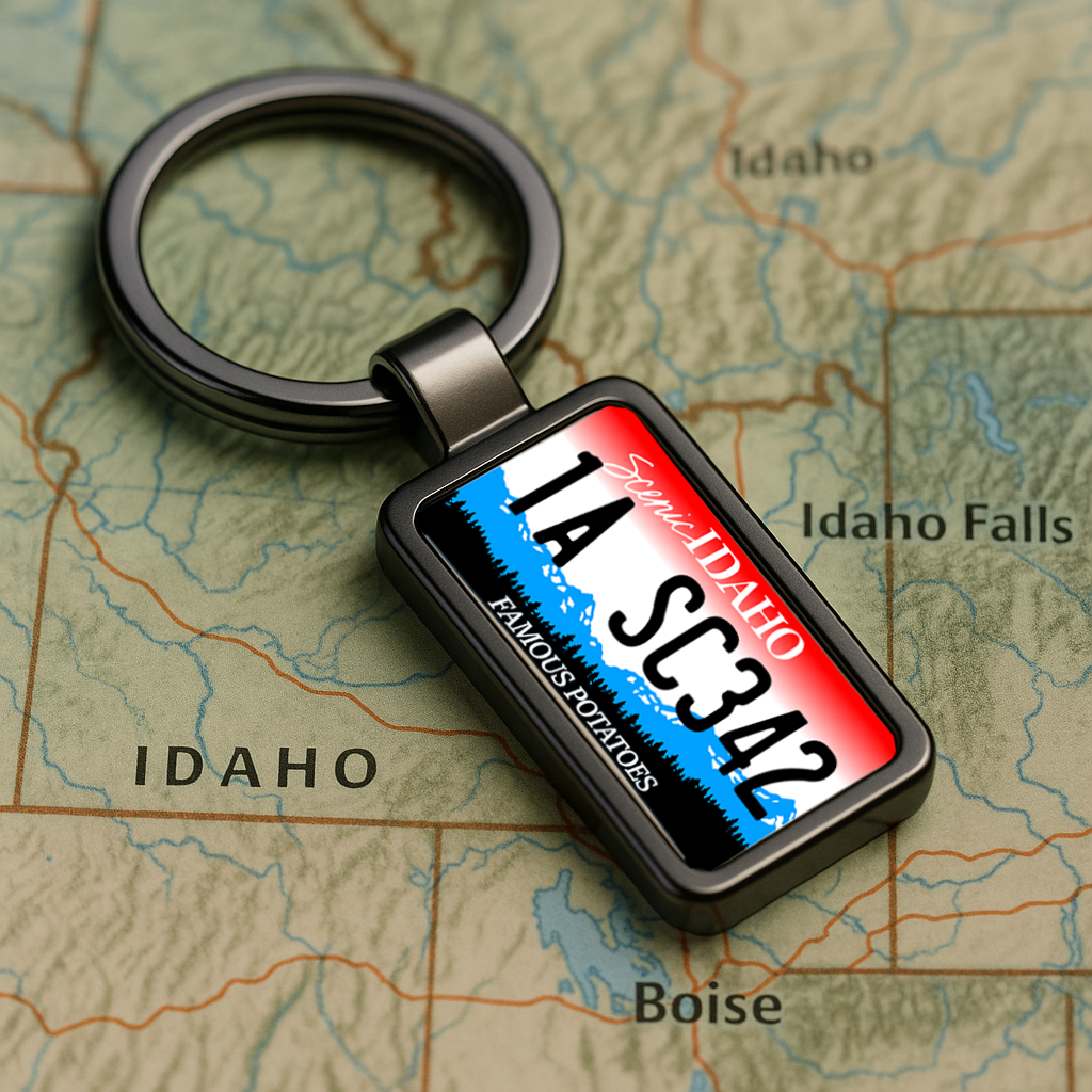 Keychain with Idaho license plate design on a map of Idaho