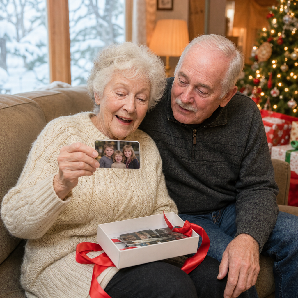 Grandparents opening a Christmas gift of custom photo magnets with their grandchildren's photo