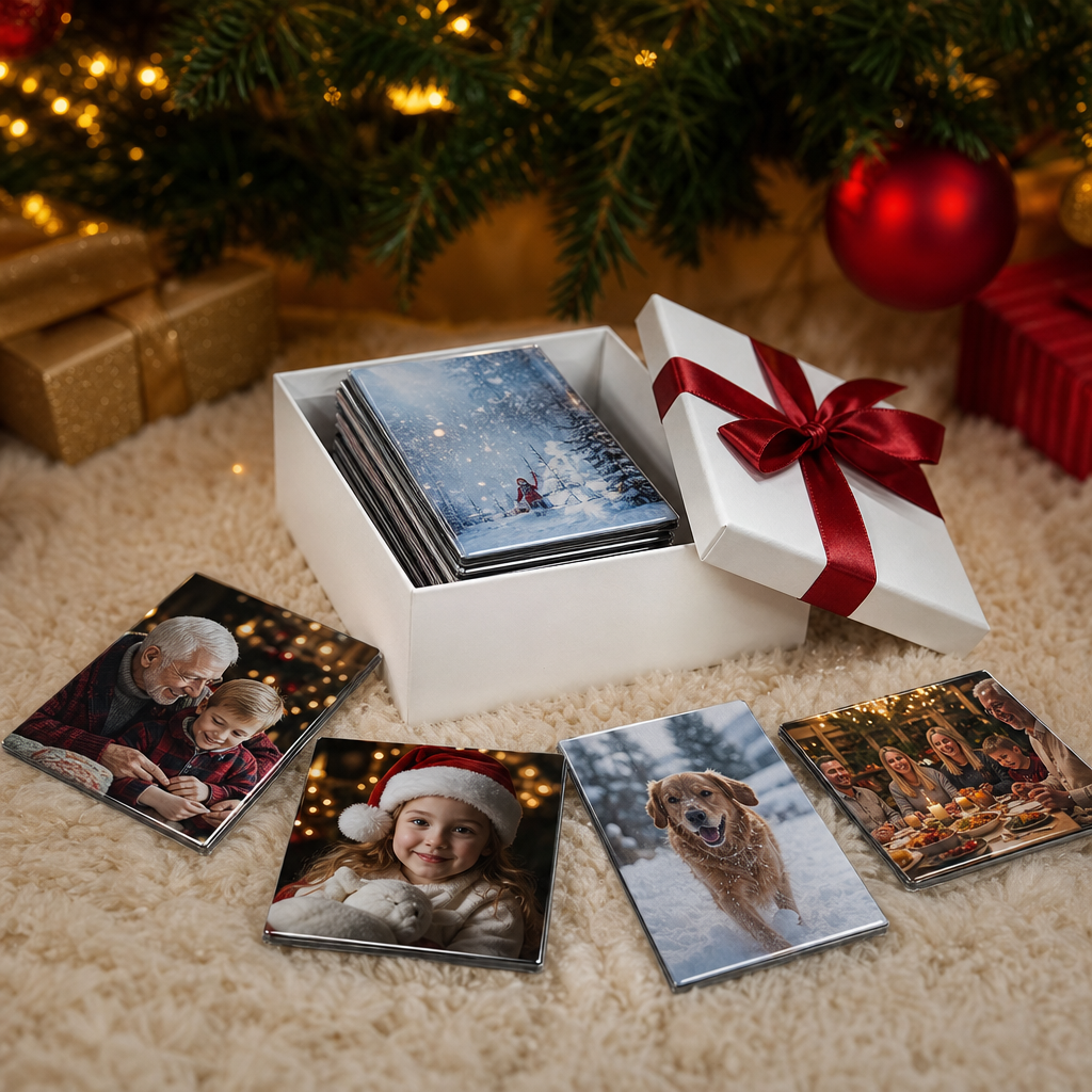 Custom photo magnets in a white gift box with a red ribbon under the Christmas tree