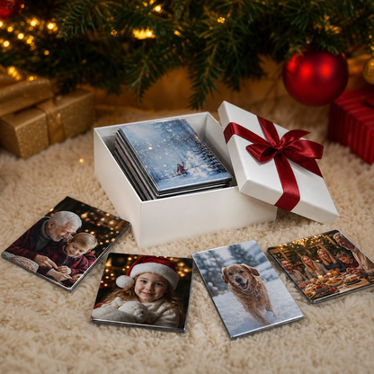 Custom photo magnets in a white gift box with a red ribbon under the Christmas tree