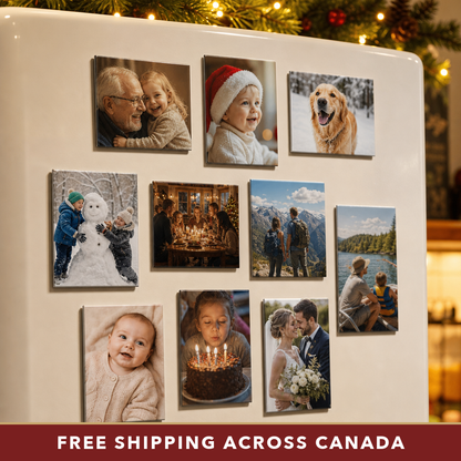 10 custom photo fridge magnets with family pictures on a Christmas fridge, free shipping across Canada