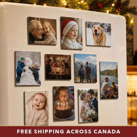 10 custom photo fridge magnets with family pictures on a Christmas fridge, free shipping across Canada