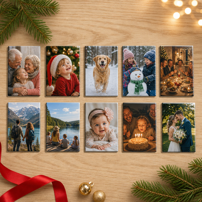 Set of 10 personalized metal photo magnets laid out on a wooden table with pine branches
