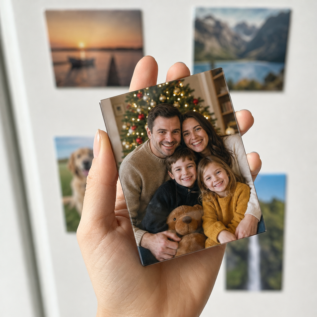 Hand holding one 9 x 6 cm custom photo magnet with a family Christmas photo