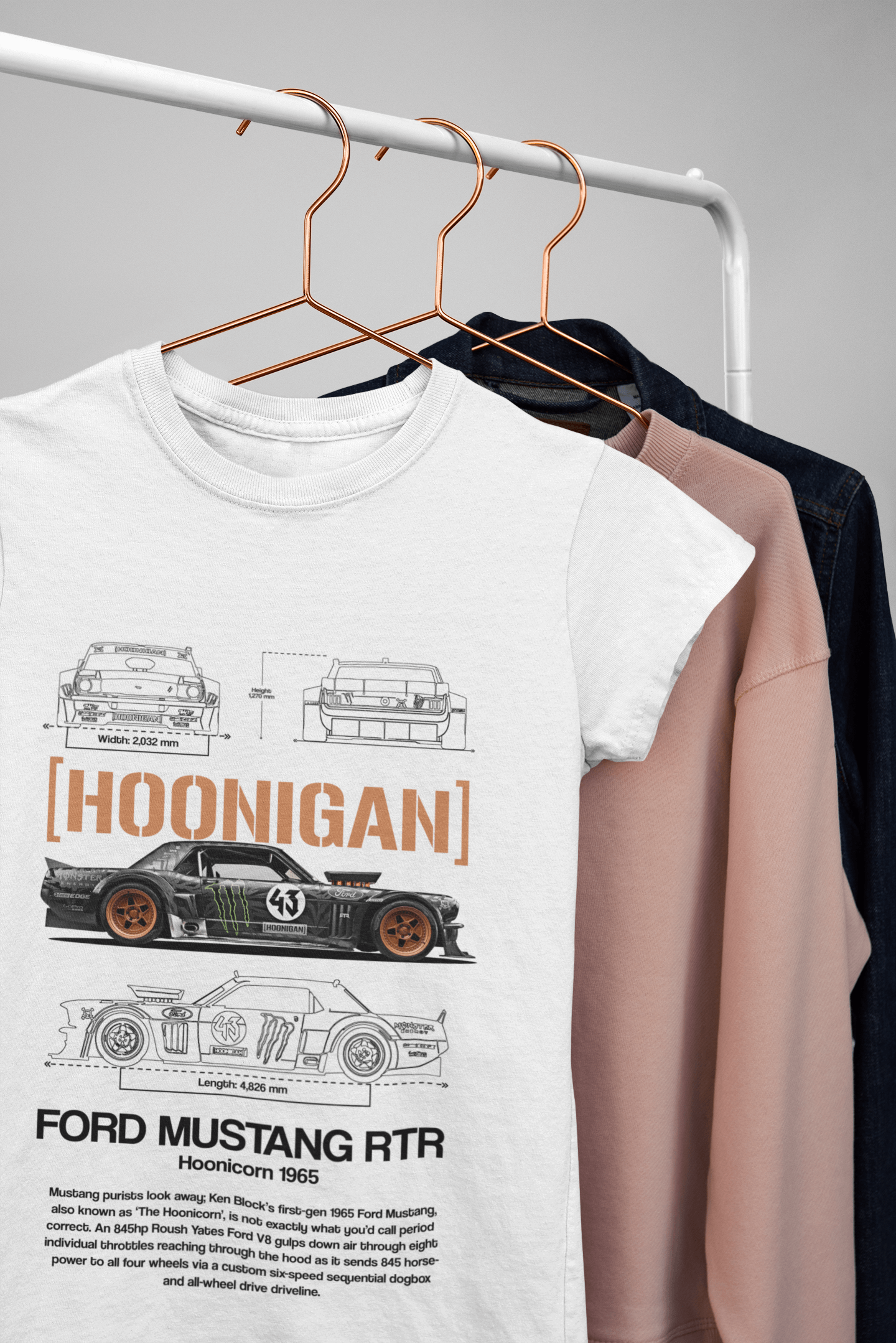 Ford Mustang RTR “Hoonicorn” 1965 Graphic T-Shirt — Photo & Line Sketch