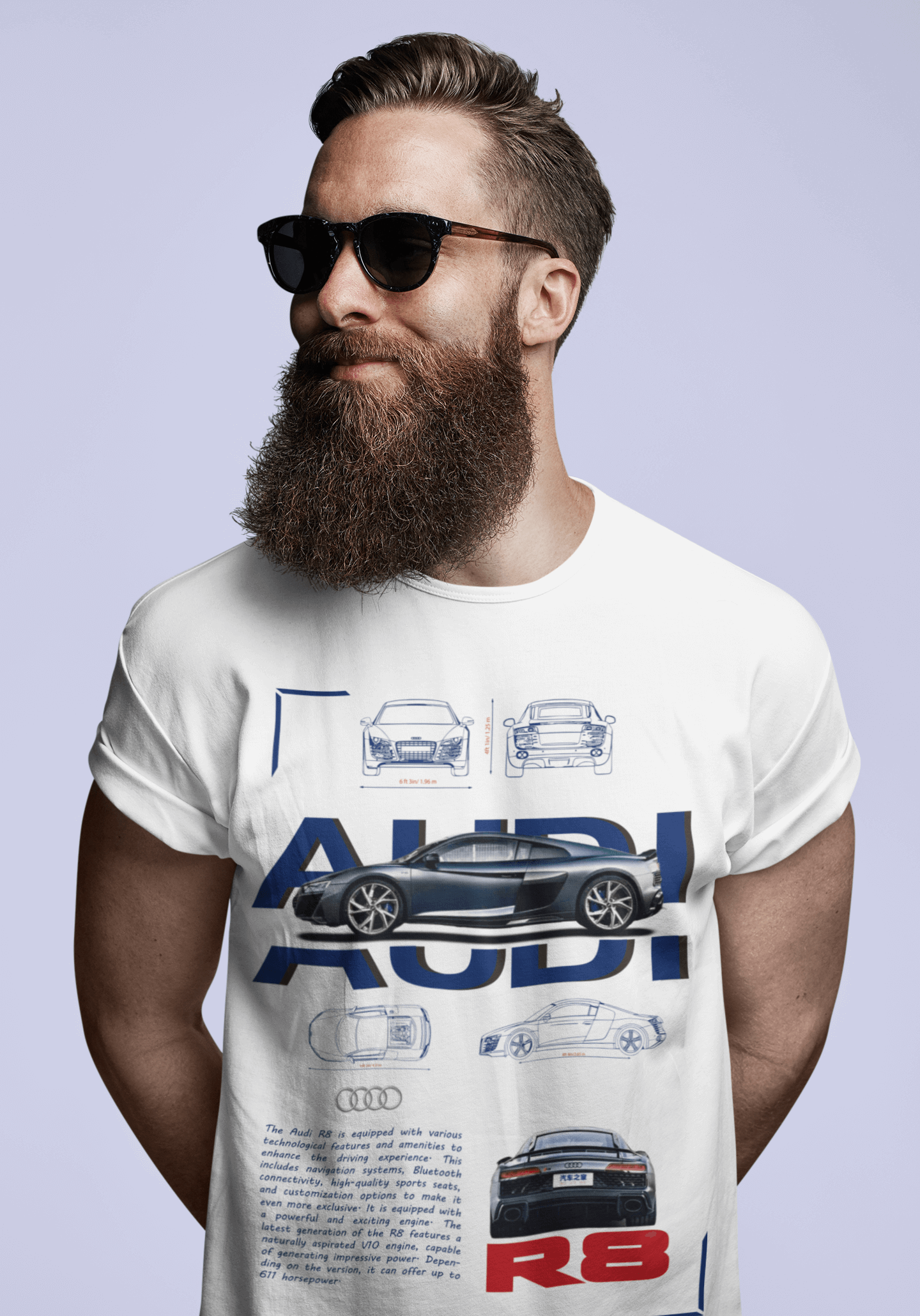 Audi R8 Coupe Graphic T‑Shirt — Photo & Line Sketch
