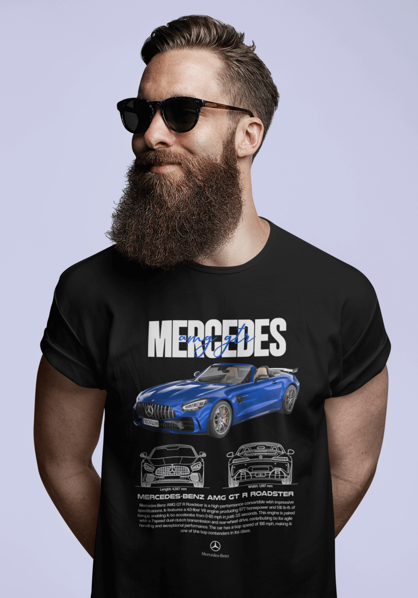 Mercedes-Benz AMG GT R Roadster Graphic T-Shirt — Photo & Line Sketch (Blue)