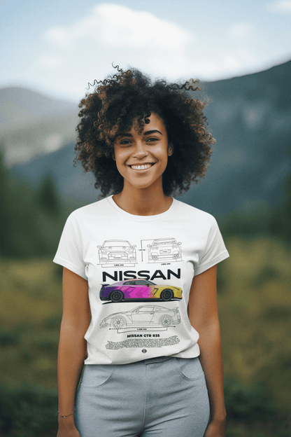 Nissan GT-R R35 Graphic T-Shirt — Neon Photo & Blueprint
