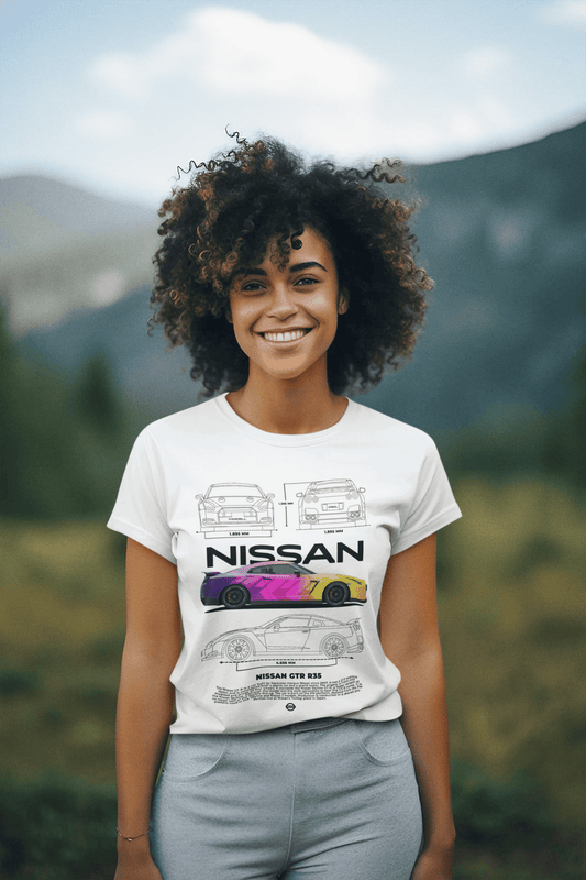 Nissan GT-R R35 Graphic T-Shirt — Neon Photo & Blueprint