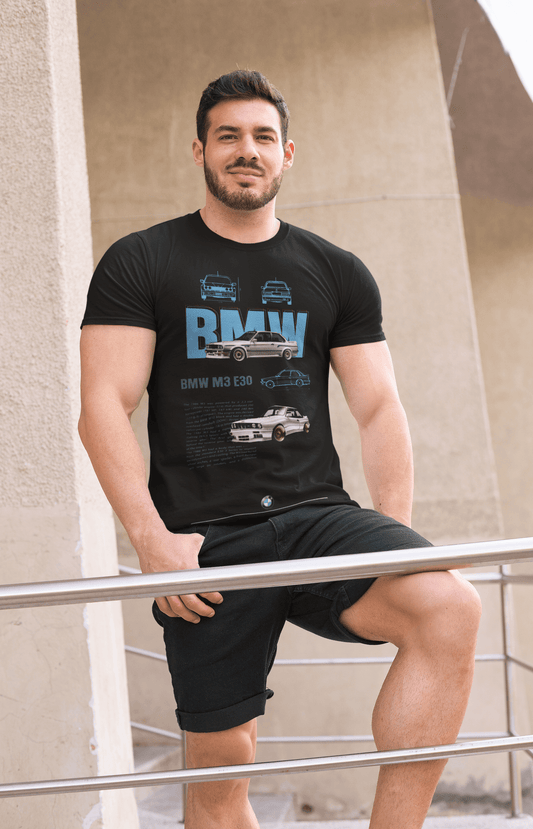 BMW M3 E30 Graphic T‑Shirt - Photo Poster & Line Sketch