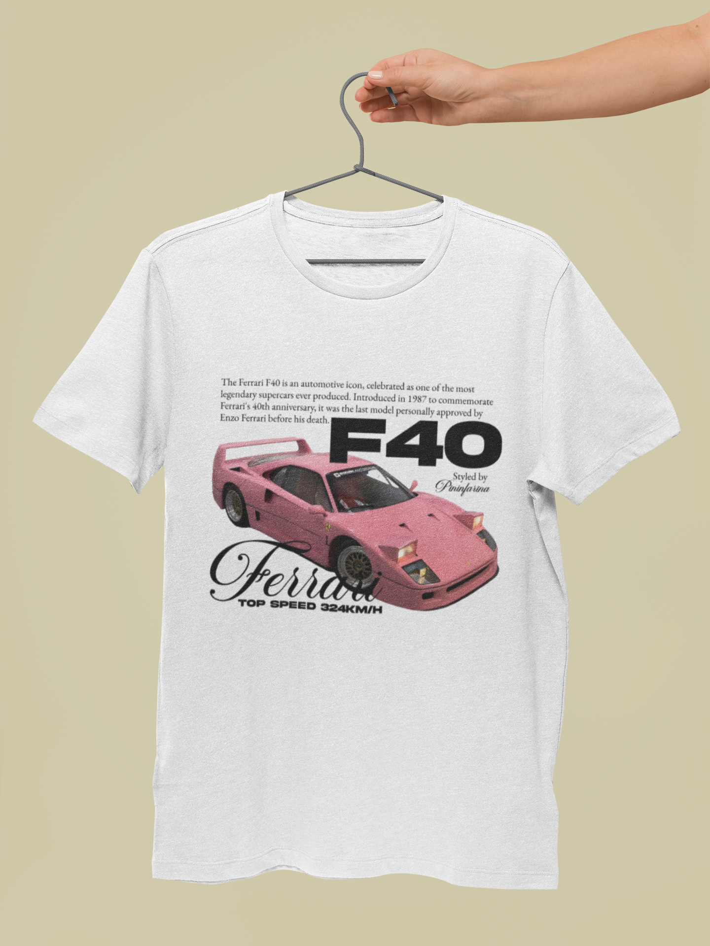 Ferrari F40 Retro Magazine Graphic T-Shirt — Pink Supercar