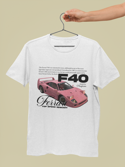 Ferrari F40 Retro Magazine Graphic T-Shirt — Pink Supercar