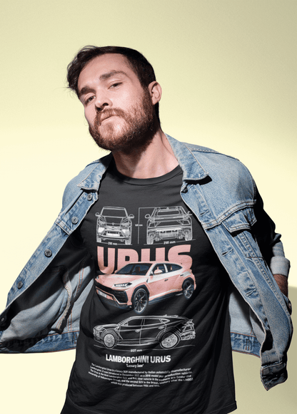 Lamborghini Urus Graphic T-Shirt — Photo & Line Sketch (Coral)