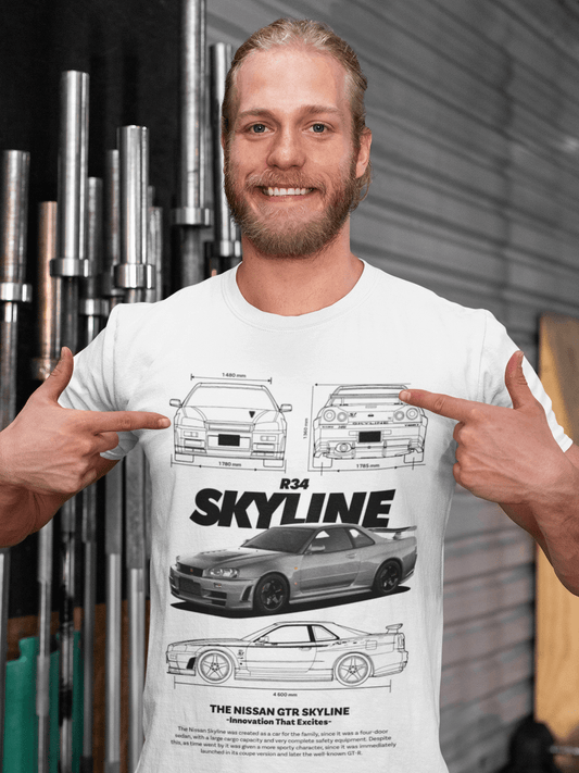 Nissan Skyline R34 GT-R Graphic T-Shirt — Gunmetal Blueprint JDM Style