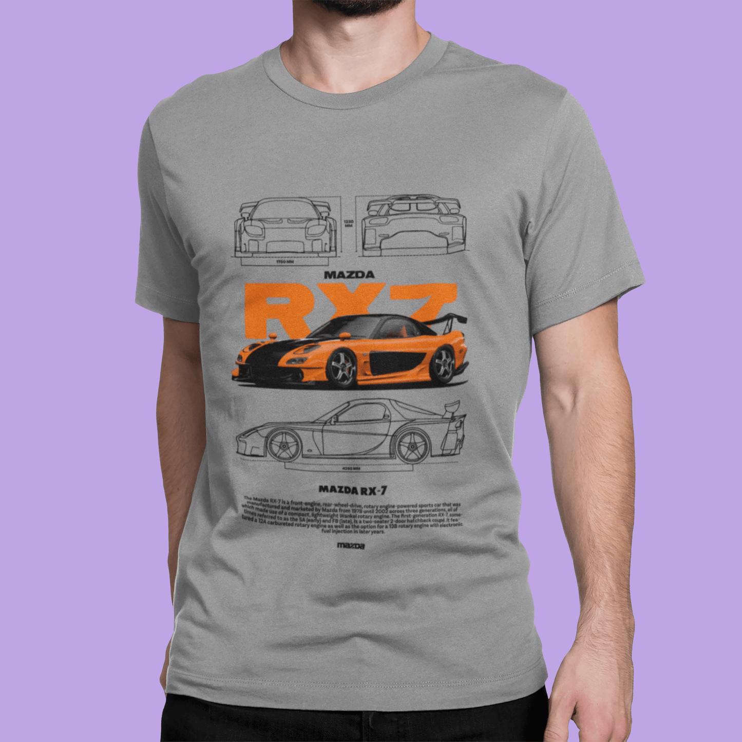 Mazda RX-7 Graphic T-Shirt — Photo & Line Sketch (Orange)