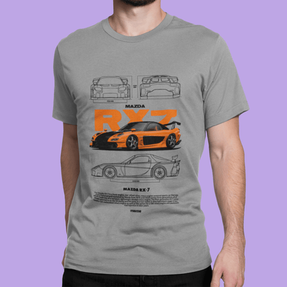 Mazda RX-7 Graphic T-Shirt — Photo & Line Sketch (Orange)