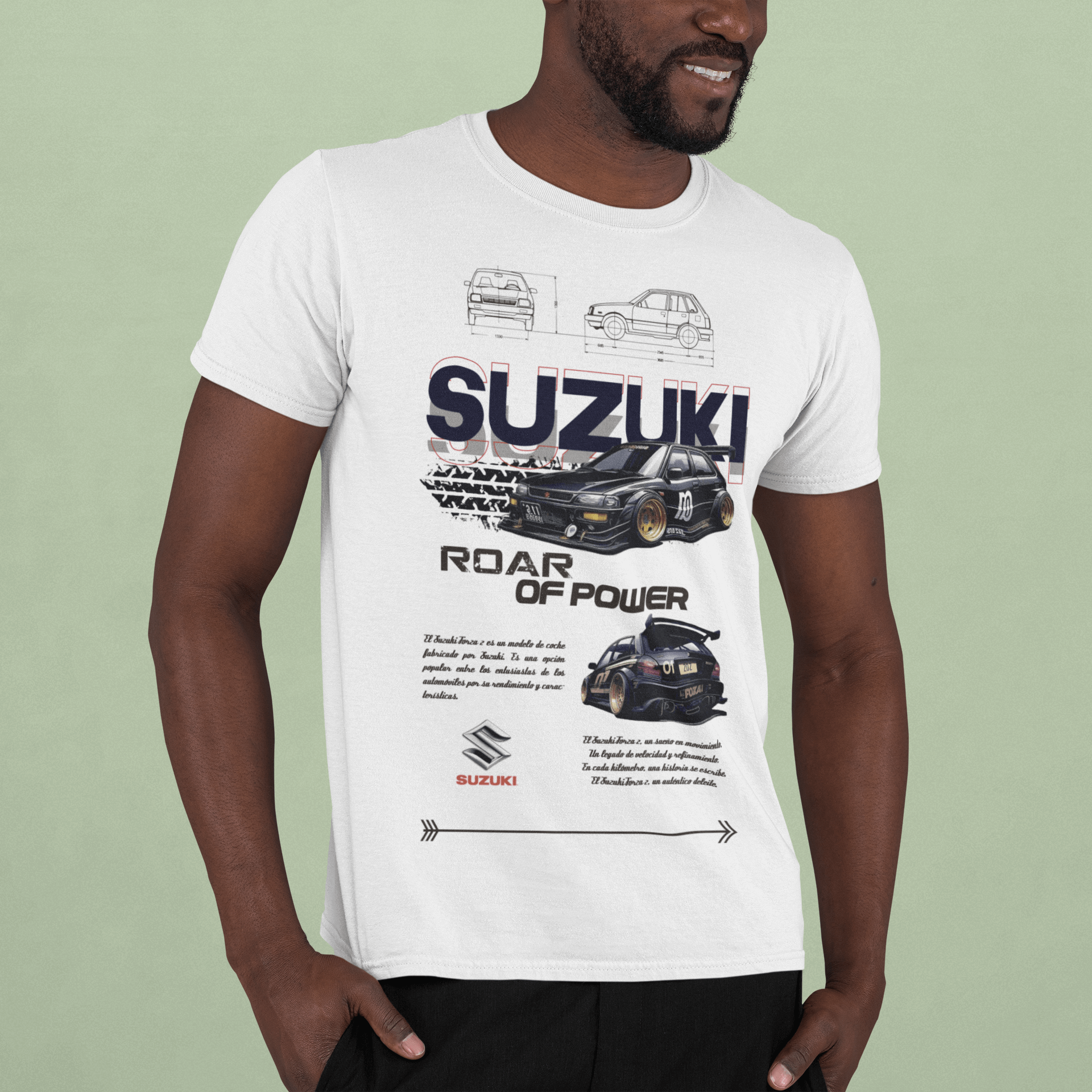 Suzuki Swift Graphic tee featuring bold SUZUKI lettering and technical designs stating 'Roar of Power'.