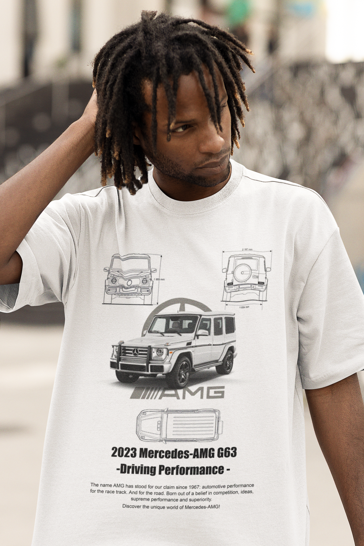 Mercedes-AMG G63 Graphic T-Shirt — Photo & Line Sketch (White)