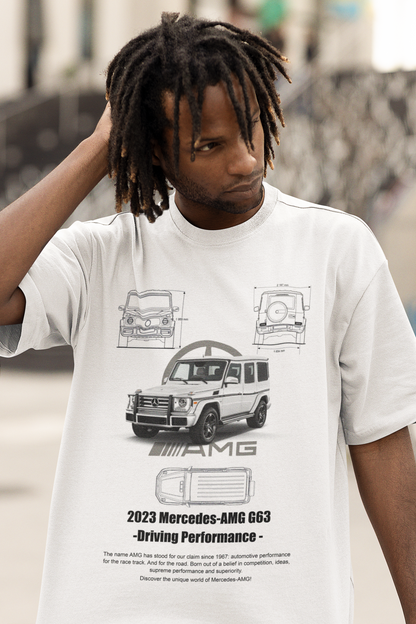 Mercedes-AMG G63 Graphic T-Shirt — Photo & Line Sketch (White)
