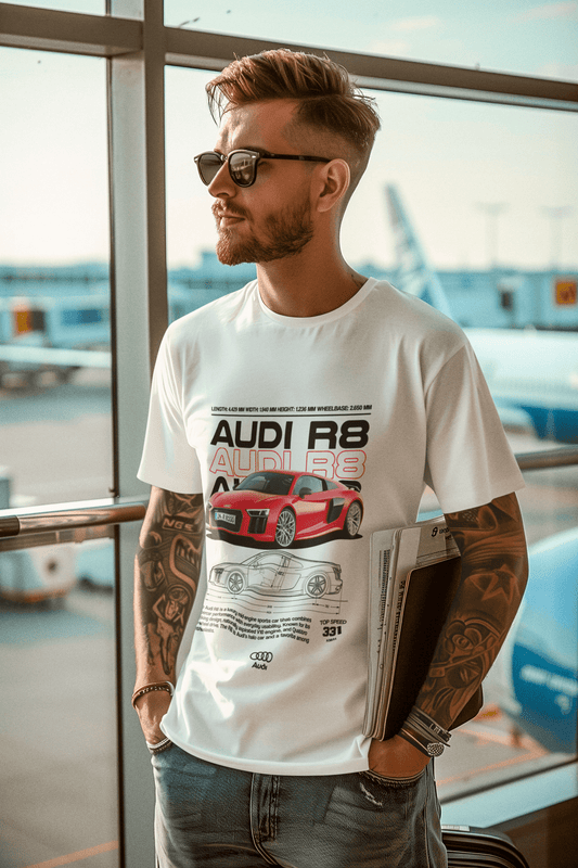 Audi R8 V10 Graphic T‑Shirt — Orange Poster & Blueprint