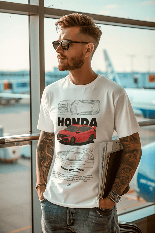 Honda Civic Type R Graphic T-Shirt — Photo & Line Sketch (Red)