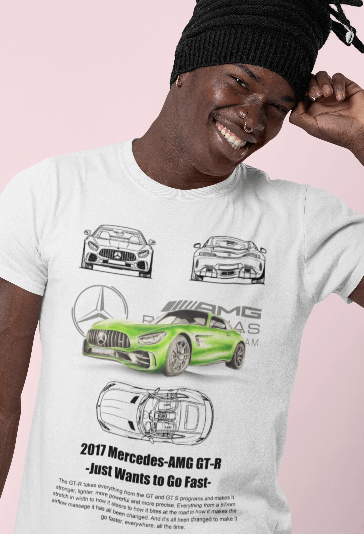 Mercedes‑AMG GT R (2017) Graphic T‑Shirt — Photo & Line Sketch Illustration
