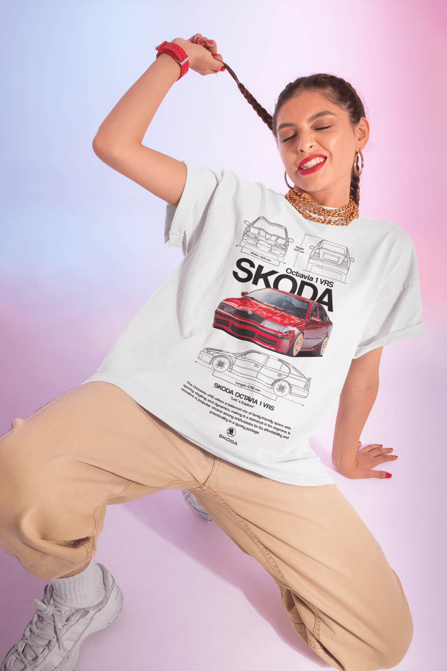 Skoda Octavia 1 vRS graphic tee worn by a woman, showcasing a red Skoda Octavia 1 vRS against a blueprint background.