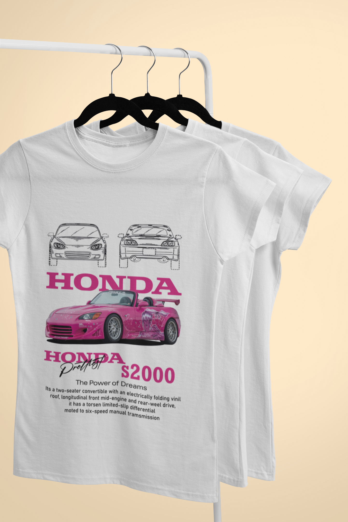 Honda S2000 Graphic T-Shirt — Photo & Line Sketch (Pink)