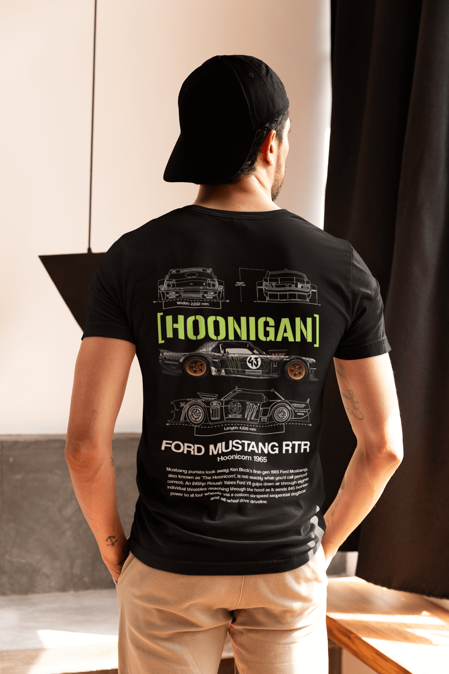 Ford Mustang RTR “Hoonicorn” 1965 Graphic T-Shirt — Photo & Line Sketch