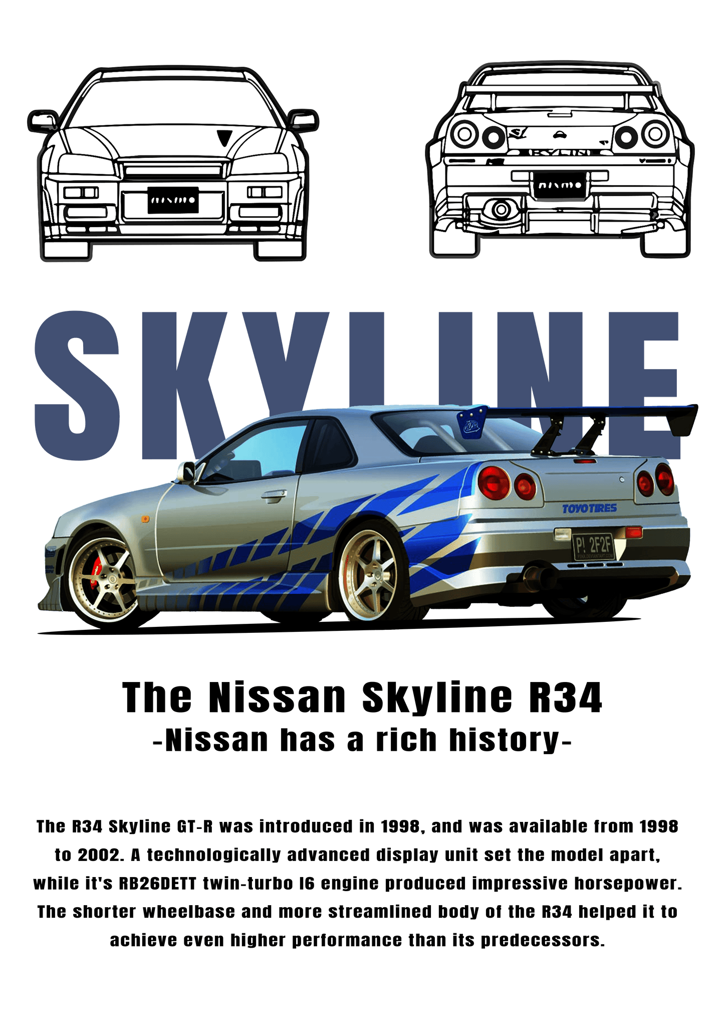 Nissan Skyline R34 Graphic T-Shirt — Skyline Text & Street Car Poster