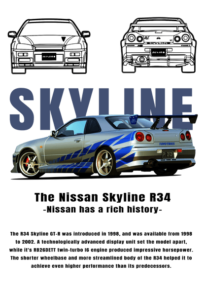 Nissan Skyline R34 Graphic T-Shirt — Skyline Text & Street Car Poster