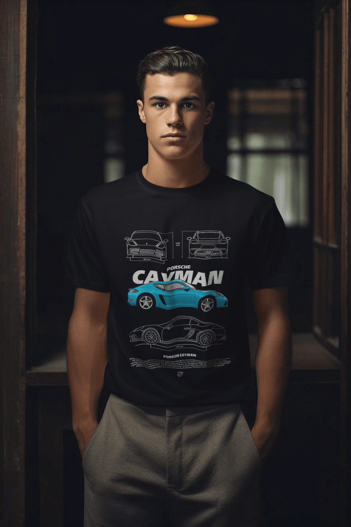 Blue Porsche Cayman Graphic T-Shirt — Blueprint Spec Sheet