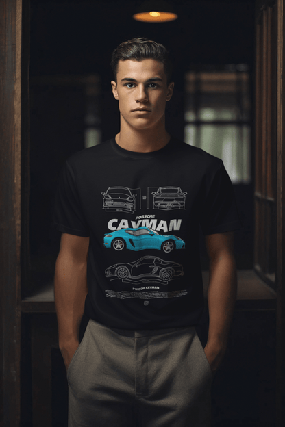 Blue Porsche Cayman Graphic T-Shirt — Blueprint Spec Sheet