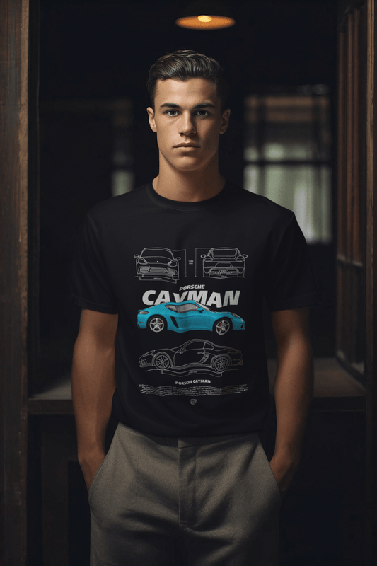 Blue Porsche Cayman Graphic T-Shirt — Blueprint Spec Sheet